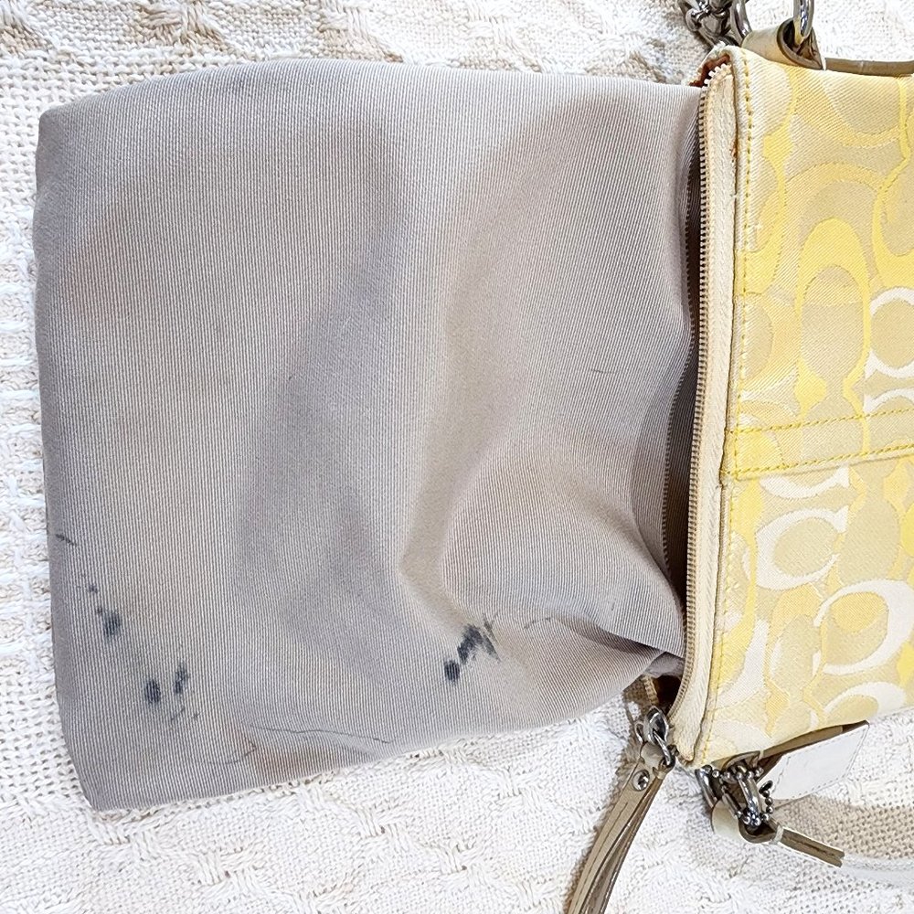 Coach Signature Stripe Yellow C Canvas Logo White Leather Crossbody Purse Bag - Picture 9 of 13